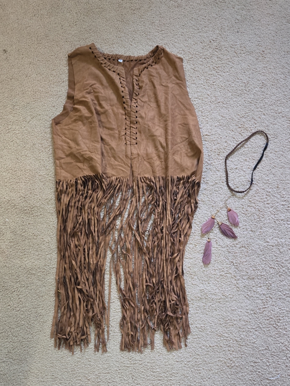 Boho Fringe Sleeveless Vest in Brown With Matching Feather Headband